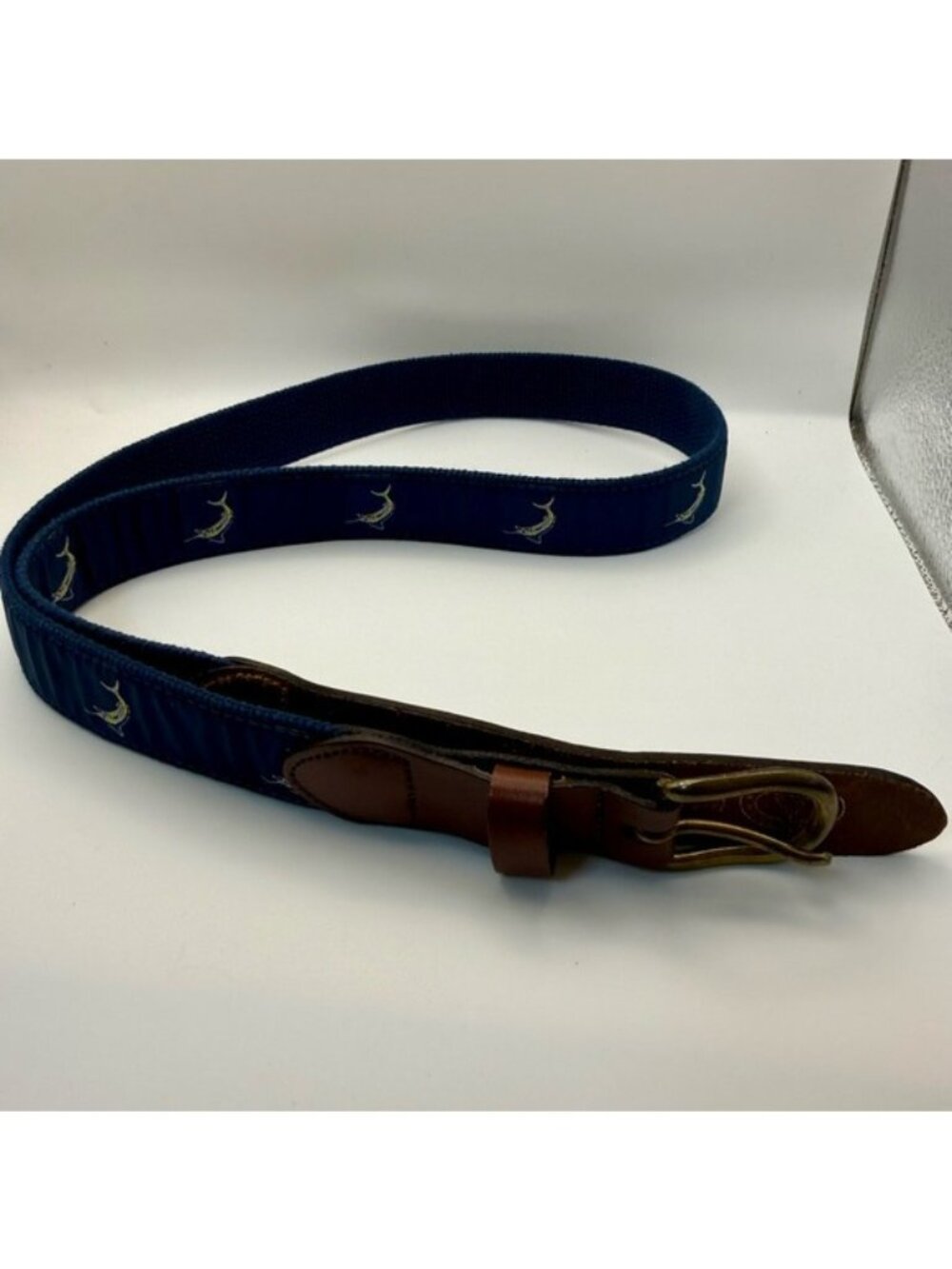 Leather Man Men’s Navy Canvas Belt Size 40 Embroidered Marlin Fish Leather Trim